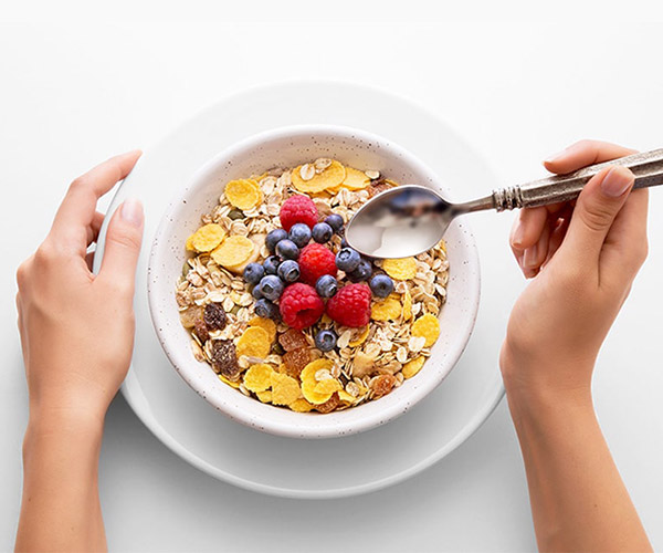 Bowl of cereal and fruit