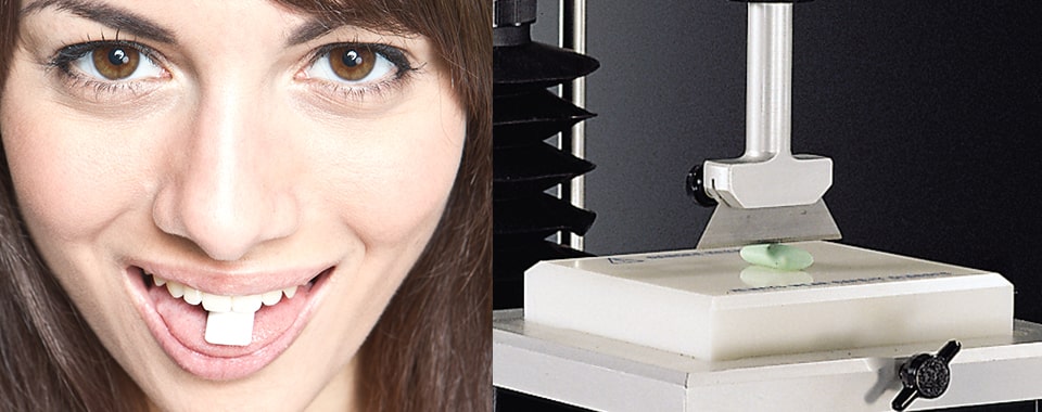 Example of homogenous test of chewing gum using a craft knife on the Texture Analyser