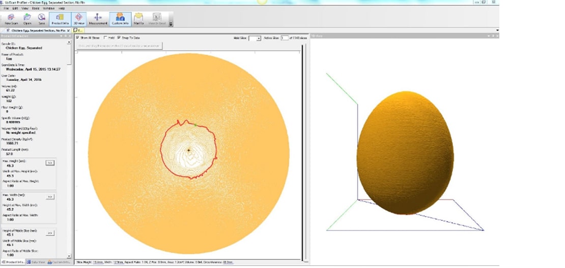 Software showing volume and dimension measurement of an egg