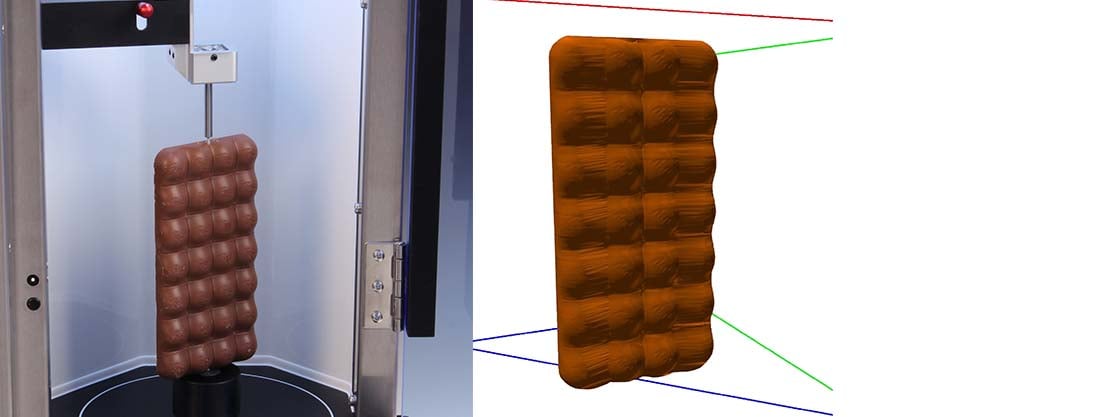 Chocolate bar sample ready for scanning and an archived scan of sample